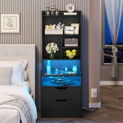 Afuhokles Tall Nightstand with Charging Station and LED Lights, Night Stand with Bookshelf, Bedside Table with Drawers, Black
