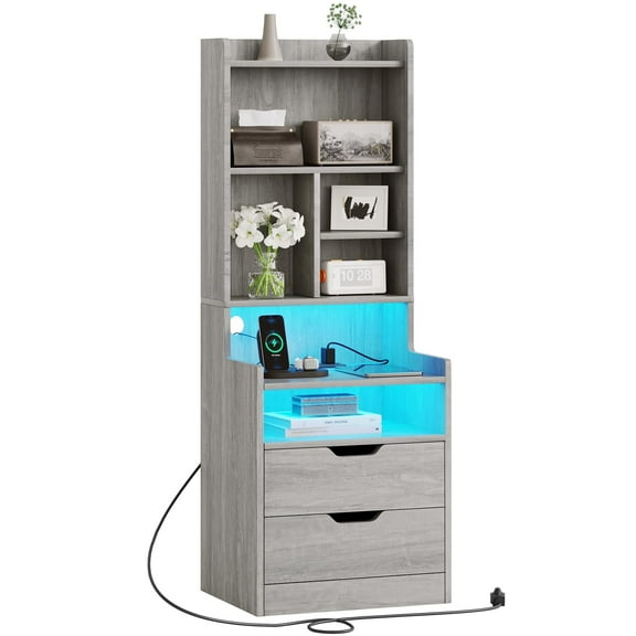 Afuhokles Tall Nightstand with Charging Station and LED Lights, Night Stand with Bookshelf,Bedside Table with Drawers, Gray