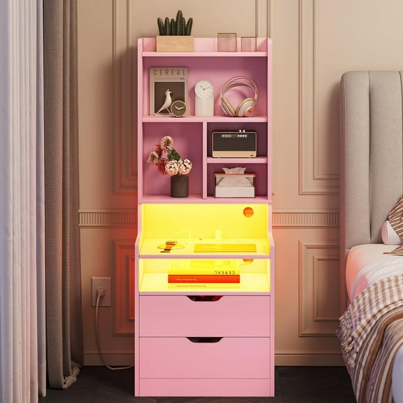 Afuhokles Tall Nightstand with Charging Station and LED Lights, Night Stand with Bookshelf, Bedside Table with Drawers, Pink