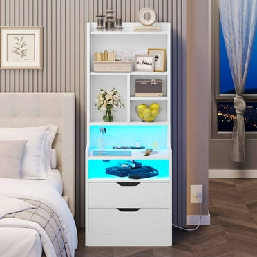 Afuhokles Tall Nightstand with Charging Station and LED Lights, Night Stand with Bookshelf,Bedside Table with Drawers, White