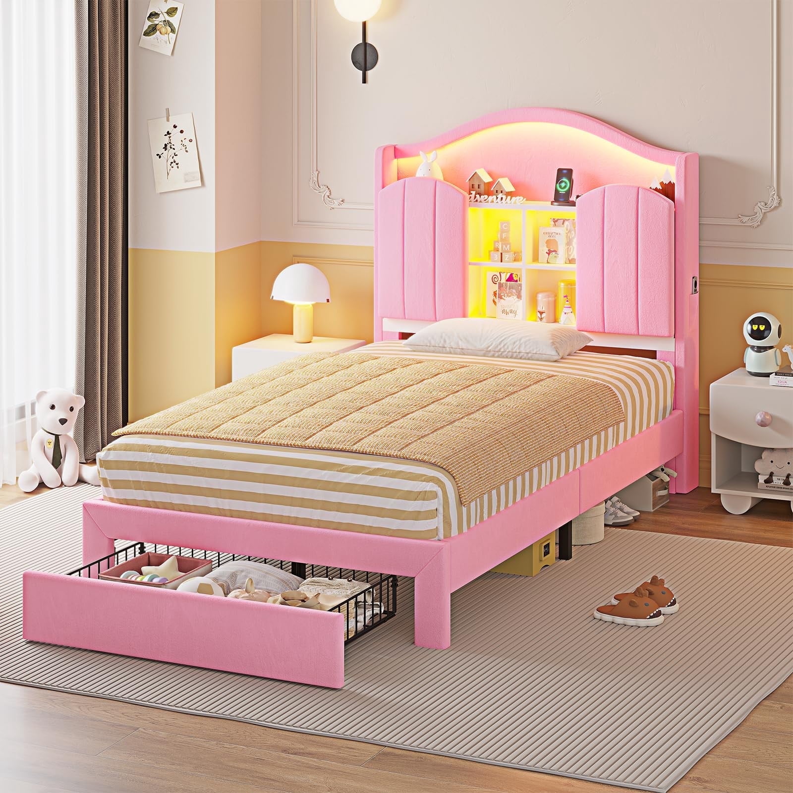 Afuhokles Twin Bed Frame with Drawer and LED Lights and Charging Station, Hidden Storage Headboard Princess Velvet Upholstered Platform Bed with Headboard, Pink