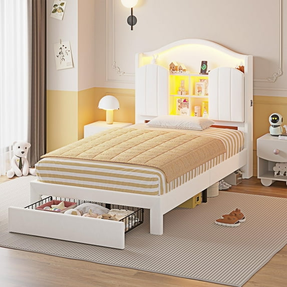 Afuhokles Twin Bed Frame with Drawer and LED Lights and Charging Station, Hidden Storage Headboard Princess Velvet Upholstered Platform Bed with Headboard, White