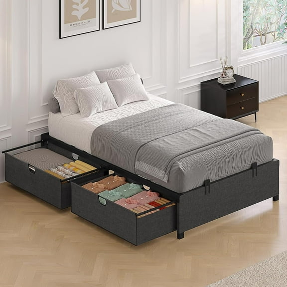 Afuhokles Twin Bed Frame with 2 Large Storage Drawers, Platform Metal Bed, Dark Grey