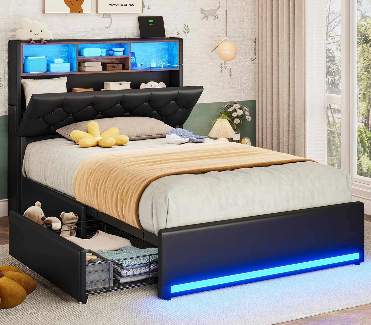 Afuhokles Twin Bed Frame with 4 Drawers and Storage Headboard, Upholstered Bed with Charging Station, Black PU