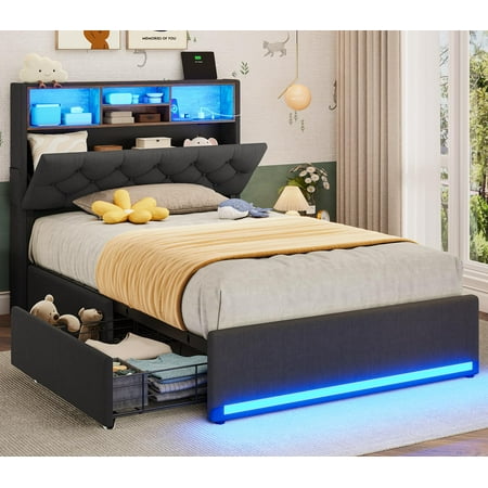 Afuhokles Twin Bed Frame with 4 Drawers and Storage Headboard, Upholstered Bed with Charging Station, Linen Gray