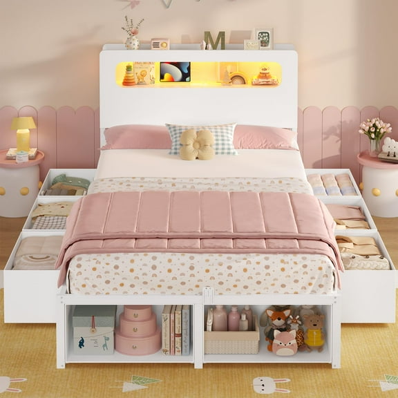 Afuhokles Twin Bed Frame with 6 Storage Drawers and 2-Tier LED Headboard, Power Outlets, White