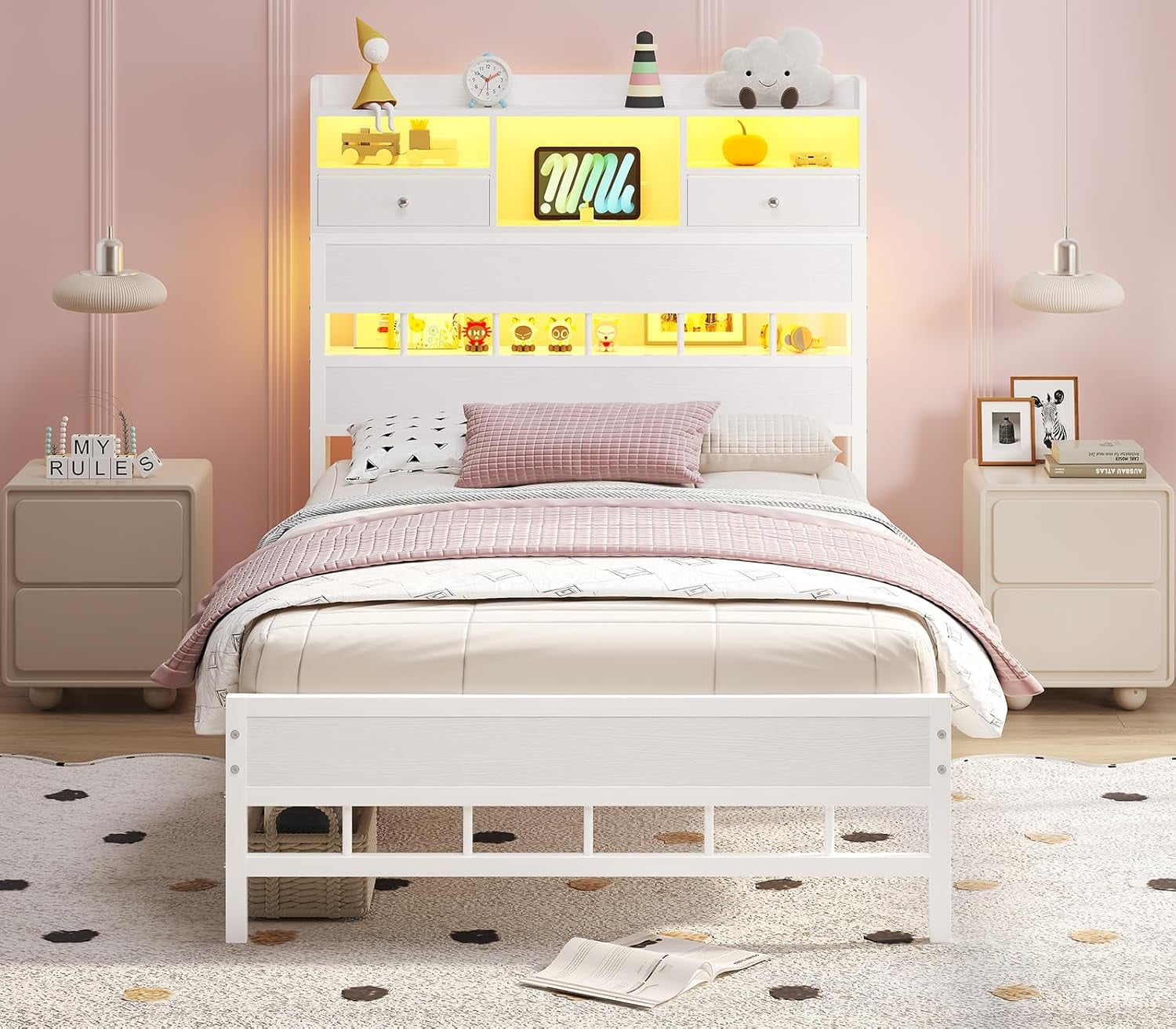 Afuhokles Twin Size Platform Bed Frame with Storage Headboard and Charging Station, White
