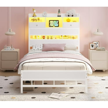Afuhokles Twin Size Platform Bed Frame with Storage Headboard and Charging Station, White