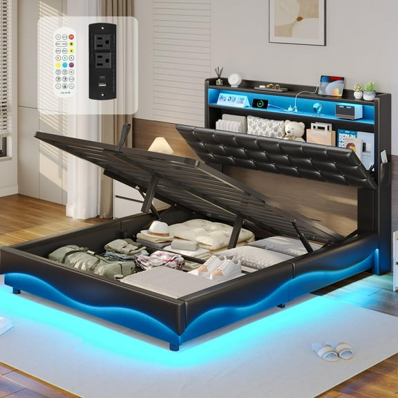 Afuhokles Twin Bed Frame with Lift Up Storage, Charging Station and Lights Headboard, PU Leather Upholstered Bed, Hydraulic Storage, PU Black