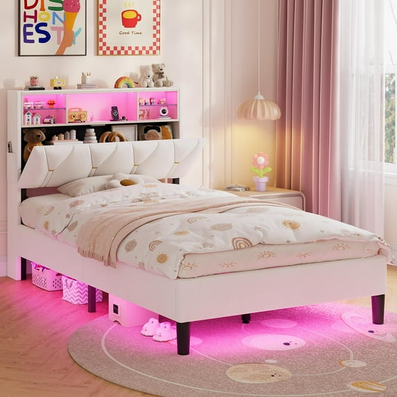 Afuhokles Twin Bed Frame with Storage Headboard,Power Outlet, Modern Velvet Upholstered Platform Bed LED Bed Frame with 5 Storage Shelves, White