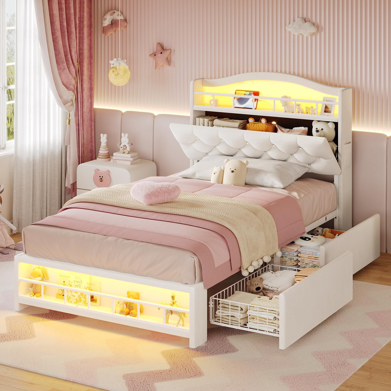 Afuhokles Twin Bed Frame with Storage Headboard and 4 Drawers ...