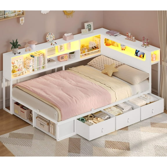 Afuhokles Twin Daybed, Corner Bed Frame with Bookcase Storage and LED Light Headboard, Charging Station, White