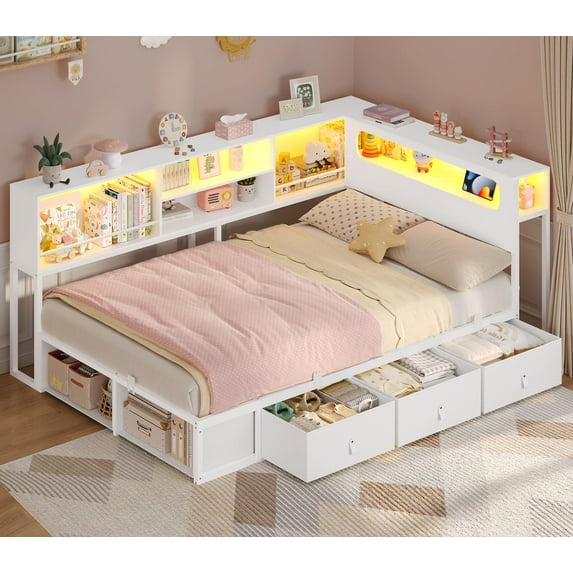 Afuhokles Twin Daybed, Corner Bed Frame with Bookcase Storage and LED Light Headboard, Charging Station, White