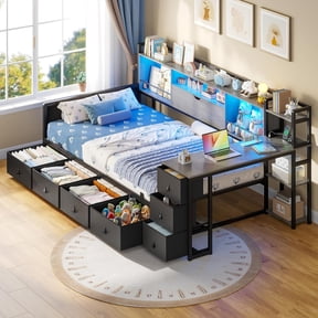 Afuhokles Twin Daybed Frame with Desk and 7 Storage Drawers, Corner Platform Bed with Bookcase Headboard, Smart LED Lights & Charging Station, Black
