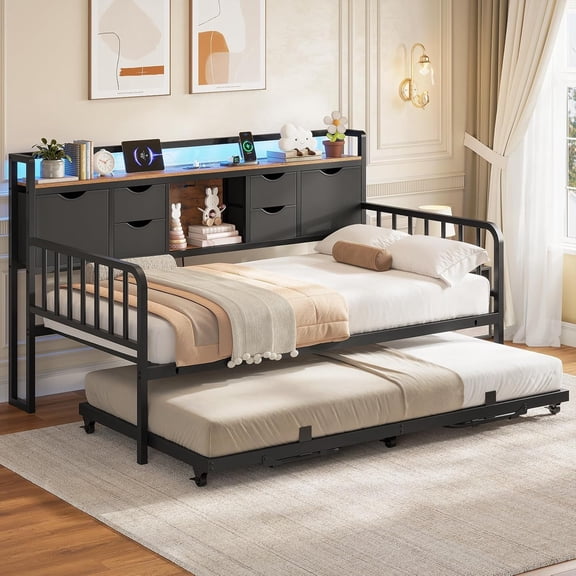 Afuhokles Twin Daybed with Trundle and Storage Headboard, Charging Station, Height Adjustable Metal Bed Frame, Black