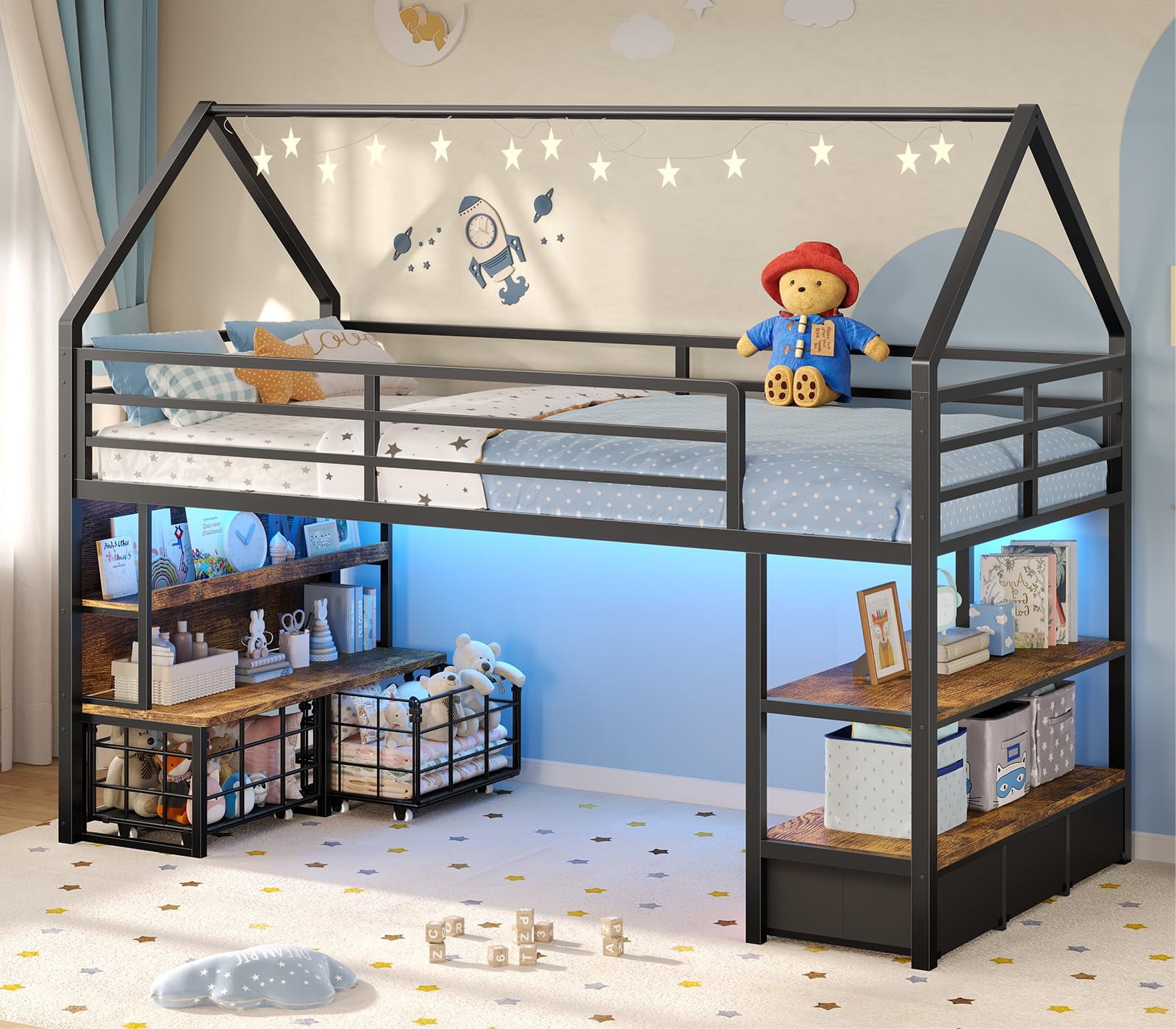 Afuhokles Low Loft Bed Twin Size with 5 Storage Drawers, Bookcase and ...