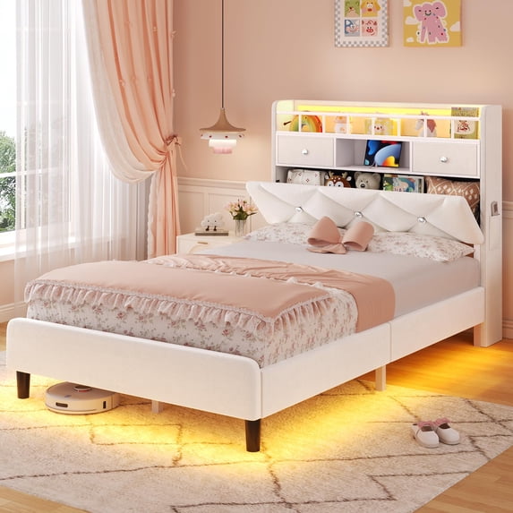Afuhokles Twin LED Bed Frame with Storage Headboard and Charging Station, Velvet Upholstered Platform Bed Frame, White
