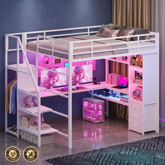 Afuhokles Twin Loft Bed with Stairs, Desk and LED Lights, White