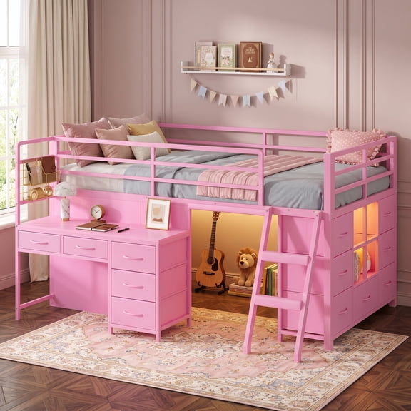 Afuhokles Twin Low Loft Bed with Desk and 12 Storage Drawers, Pink