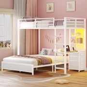 Afuhokles Twin Over Full Bunk Bed with Desk, Bunk Beds with Charging Station and Led Lights, Storage Drawers and Shelves, White