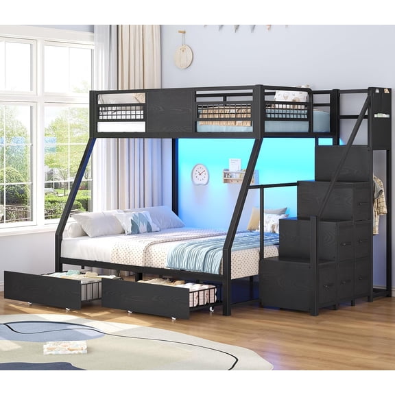 Afuhokles Twin Over Full Bunk Bed with Stairs, Storage Drawers and LED Lighting, Black