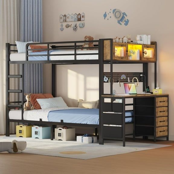 Afuhokles Twin Over Twin Bunk Bed with Desk, LED Light and Charging Station and Storage Drawers, Rustic Brown