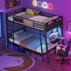 Afuhokles Twin Over Twin Bunk Bed with Desk, Metal Bunk Beds with Power Outlets, RGB LED Lights, Gray
