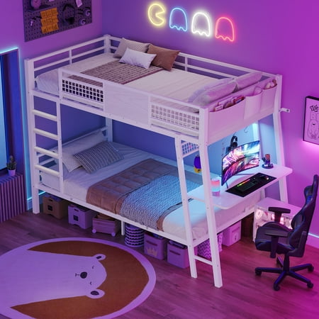 Afuhokles Twin Over Twin Bunk Bed with Desk, Metal Bunk Beds with Power Outlets, RGB LED Lights, White