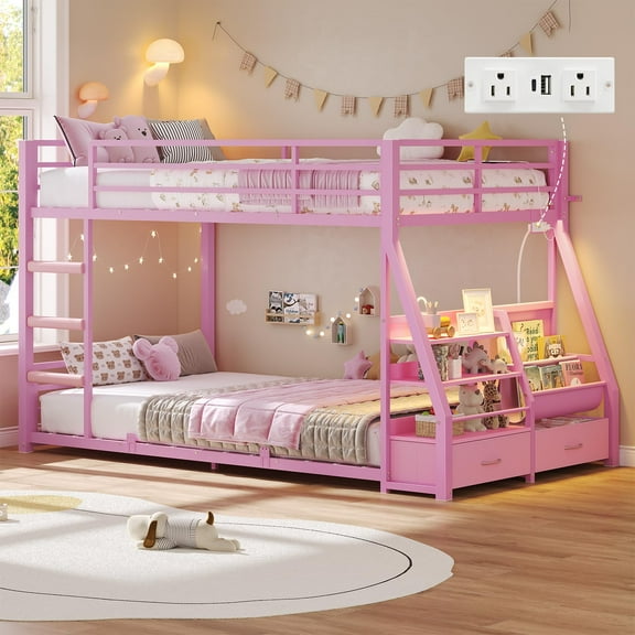 Afuhokles Twin Over Twin Low Bunk Bed with Bookshelves, Storage Drawers and Power Outlet, LED Metal Floor Bunk, Pink