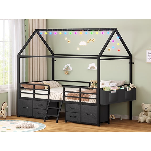 Afuhokles Twin Size Bed Frame with 6 Drawers,House Bed with Globe String Lights Plug in, White