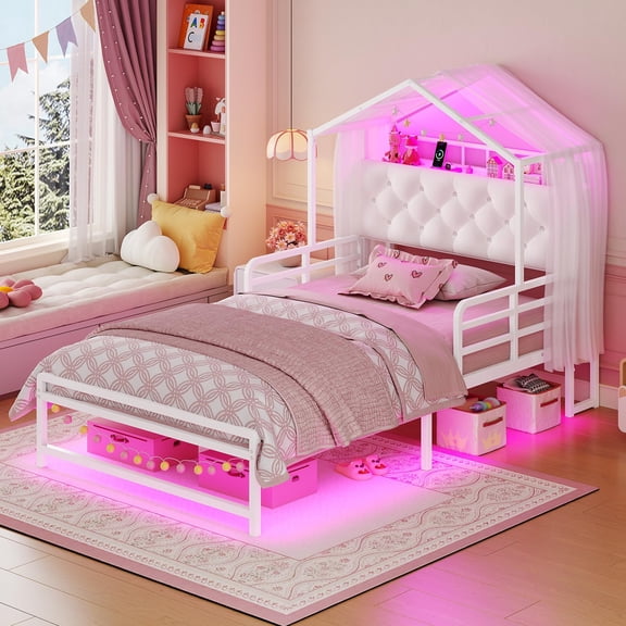 Afuhokles Twin Size Bed Frame with LED Lights,Metal House Bed, Headboard with Charging Station and Hidden Storage and Crystal Button, White