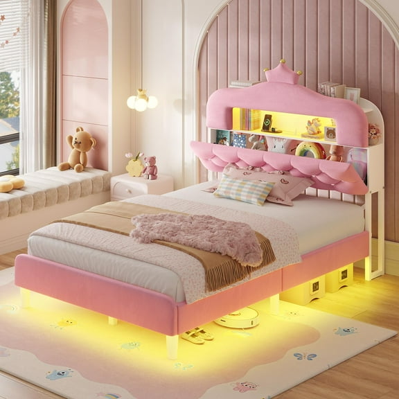 Afuhokles Twin Size Bed Frame with LED Lights, Upholstered Bed with Storage Headboard, Charging Station, Pink