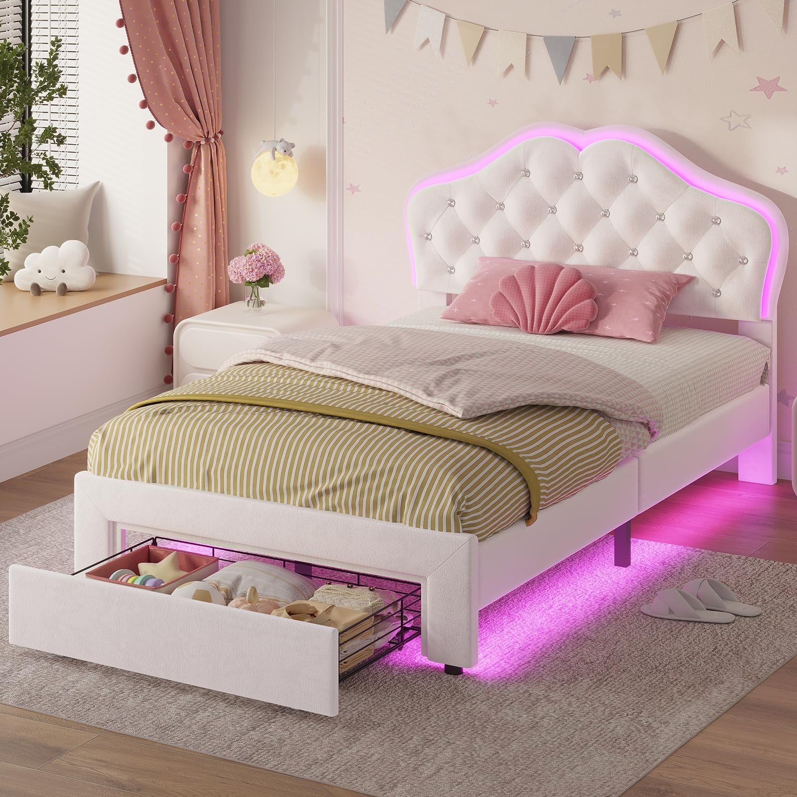 Afuhokles Twin Size Bed Frame with LED Lights and 2 Drawers ...