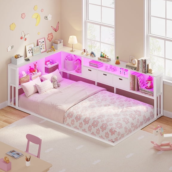 Afuhokles Twin Size Corner Bed Frame With 3 Fabric Storage Drawers And 5-Grid Bookcase, White