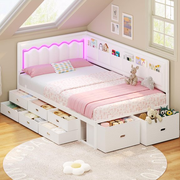 Afuhokles Twin Size Daybed, Corner Bed Frame With 8 Drawers, 6 Storage Pockets, Rgb Wave Lights, White