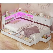 Afuhokles Twin Size Daybed, Corner Bed Frame with Charging Station and Led Lights, 8 Storage Drawers and Bookcase, White