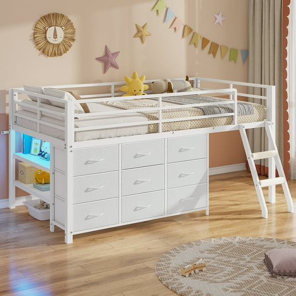 Afuhokles Twin Size Loft Bed with 9 Fabric Drawers and 2 Shelves, Wood Loft Bed Frame with Wooden Slats, Modern Low Loft Bed, No Box Spring Needed, White