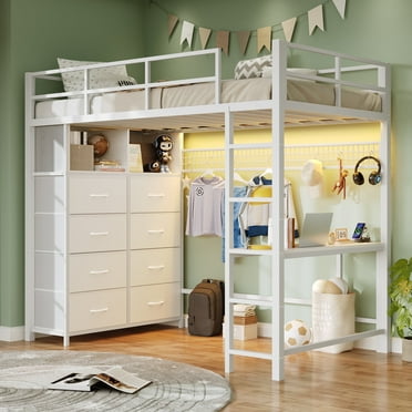 Afuhokles Twin Size Loft Bed with Desk and 8 Drawers and Charging Station, Metal Loft Bed Twin with LED Lights, Storage Shelves, White
