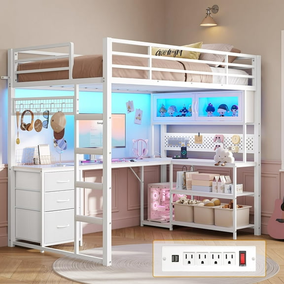 Afuhokles Twin Size Loft Bed with L-Shaped Gaming Desk, Hutch and Storage Drawers, Power Outlet, Metal Loft Bed Frame with RGB Lights, White