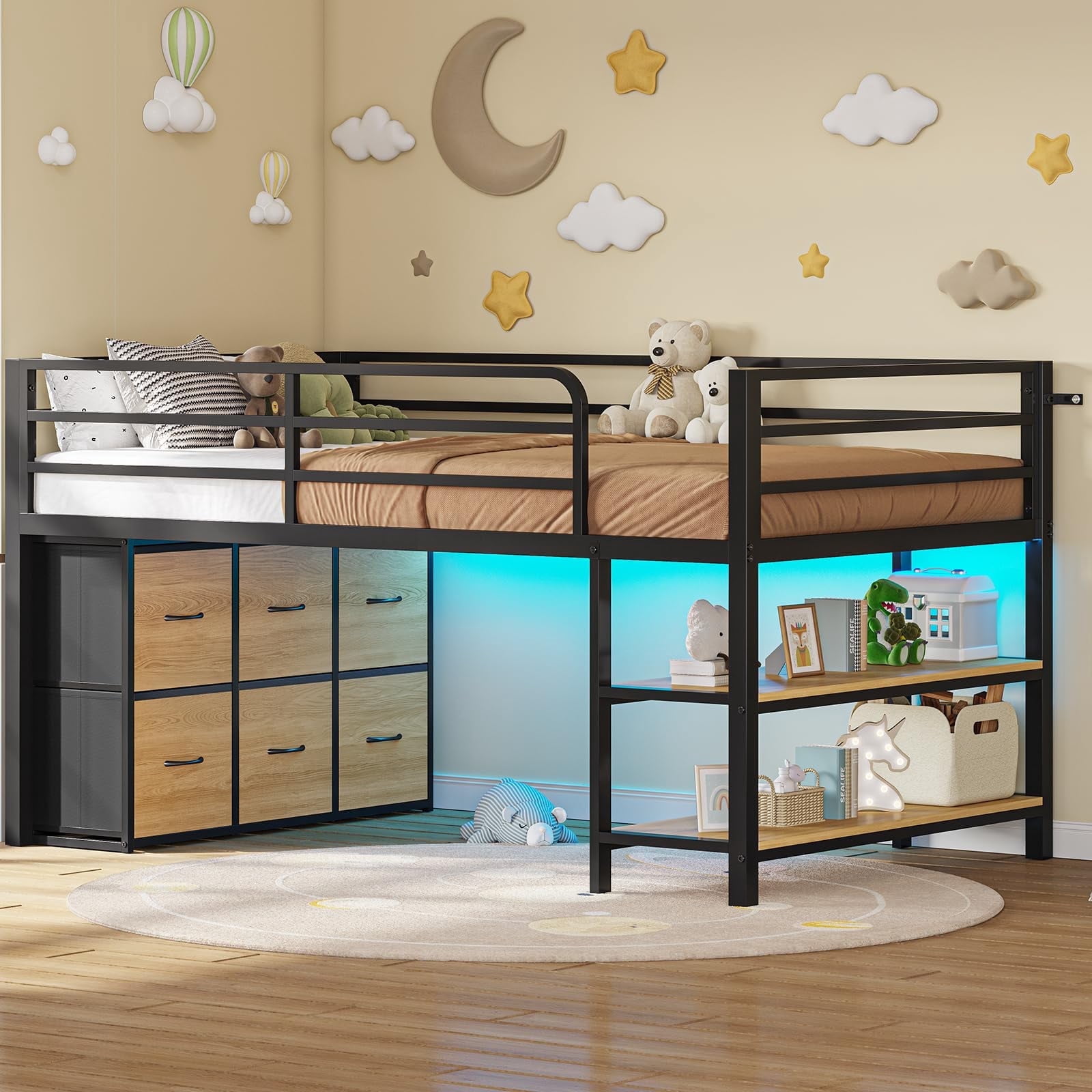 Afuhokles Twin Size Low Loft Bed with LED Lights and Storage - Walmart.com