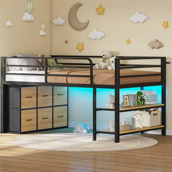 Afuhokles Twin Size Low Loft Bed, Metal Loft Bed with LED Lights and Open Storage Shelves, Safety Guardrail, Black