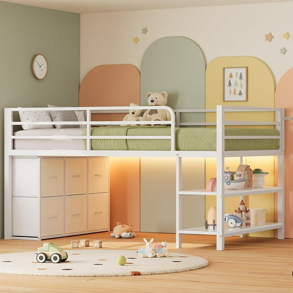 Afuhokles Twin Size Low Loft Bed, Metal Loft Bed with LED Lights and Open Storage Shelves, Safety Guardrail, White