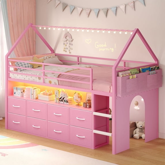 Afuhokles Twin Size Low Loft Bed with 8 Storage Drawers, House Shaped ...