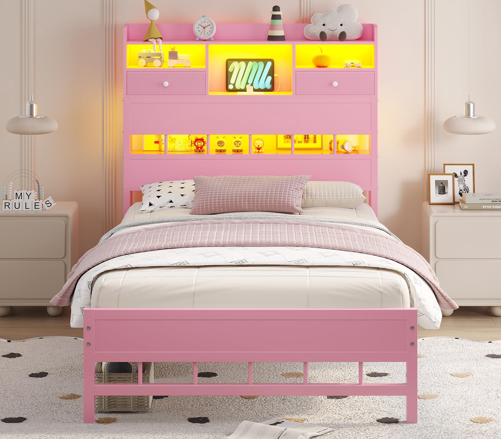 Afuhokles Twin Size Platform Bed Frame with Storage Headboard and Charging Station, Pink