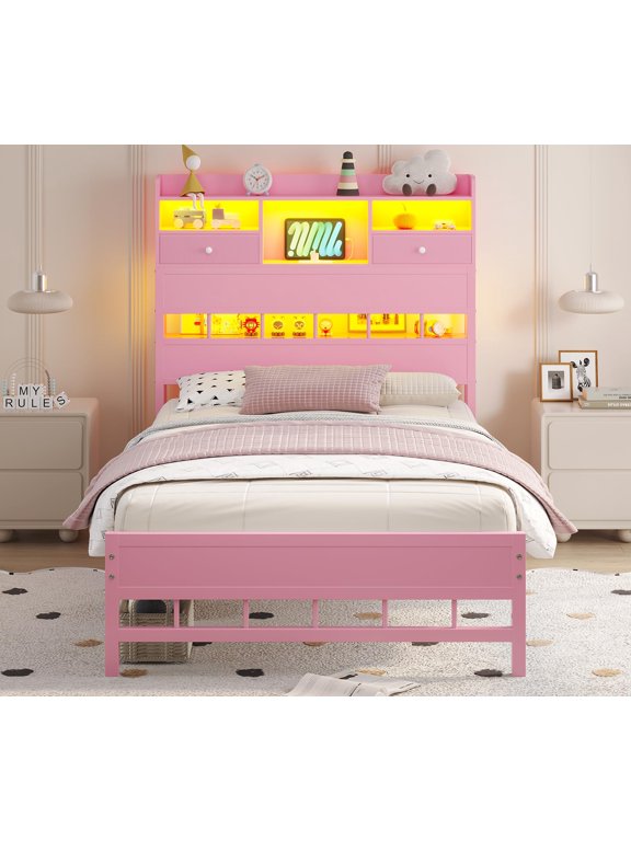 Twin Size Platform Bed Frame with Storage Headboard and Charging Station, Pink