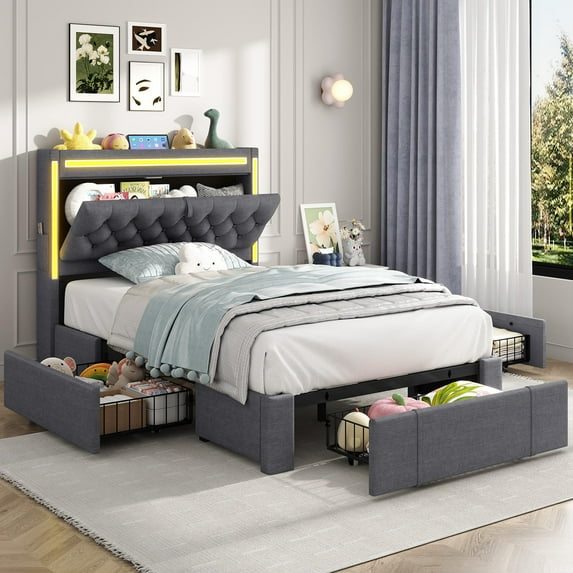 Afuhokles Twin Upholstered Bed Frame with 3 Large Storage Drawers, Storage Headboard with LED Lights and Charging Station, Velvet Platform Bed, Gray
