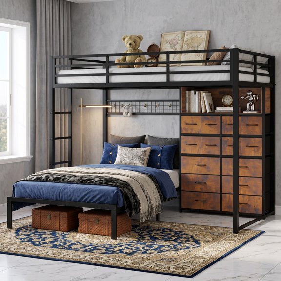 Afuhokles Twin over Twin Metal Bunk Bed with 14 Storage Drawers and Bookshelf, Rustic Brown