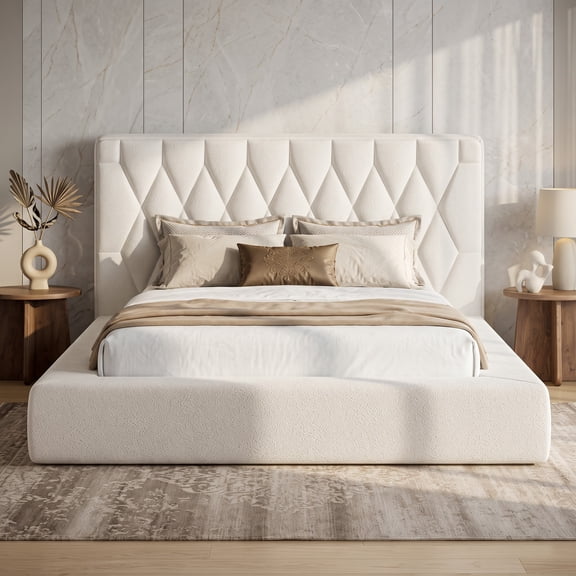 Afuhokles Upholstered Queen Cloud Bed Frame with 5.9" Thick Headboard, Beige