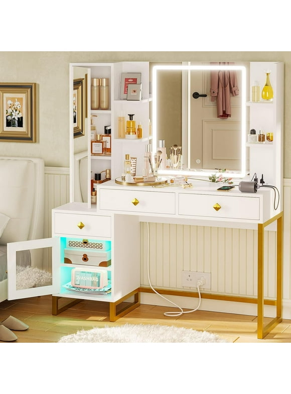 Afuhokles Vanity Desk with Full Length Mirror and Lights, Makeup Vanity with Lights and Charging Station, White