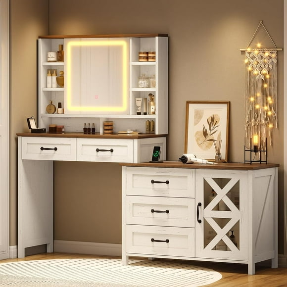 Afuhokles Vanity Desk with Large Lighted Mirror, Farmhouse Makeup Desk with Charging Station, Drawers, White